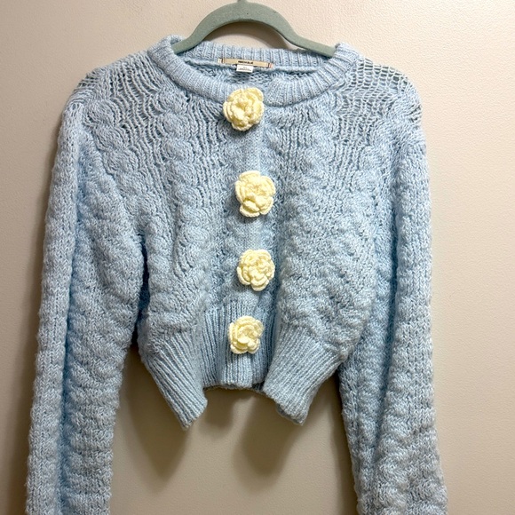 Kimchi Blue Light Blue Sweater with Cream Floral Buttons - Picture 3 of 9